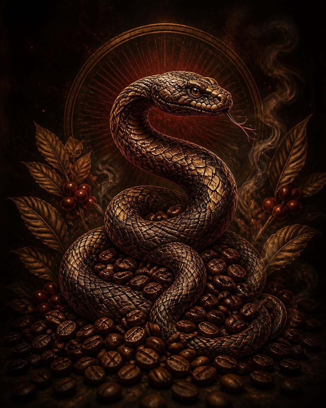 Midnight: The serpent tail coils — night turns to fire.